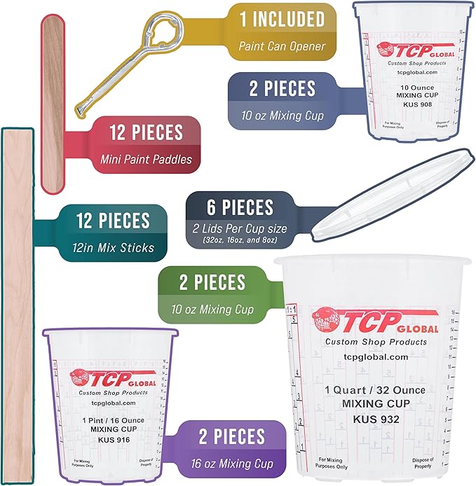 TCP Global Complete Paint Mixing Kit - 12 Cups with Lids, Mixing Sticks, Paddles, Strainers - Epoxy Resin Measuring Cups, Plastic Paint Cup Containers for Automotive & Art Projects