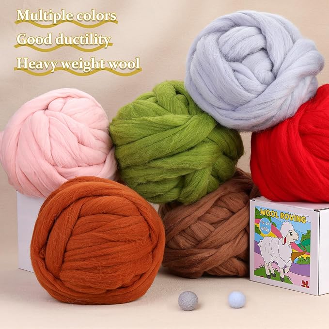 QMNNMA Wool Roving Bulk, 14.1oz Needle Felting Wool, Super Wool Chunky Yarn for Needle Felting, Fiber Roving Woolen Top for Hand Spinning, Felting, Blending, Weaving and DIY Craft (400g)