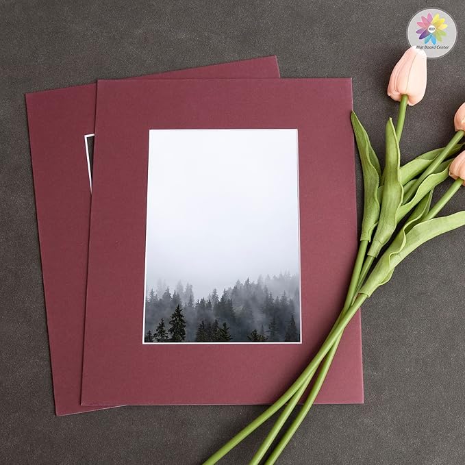 Mat Board Center, Pack of 10, 8x10 for 5x7 Maroon Color Mats - Bevel Cut, Acid Free, 4-ply Thickness, White Core - for Pictures, Photos, Framing
