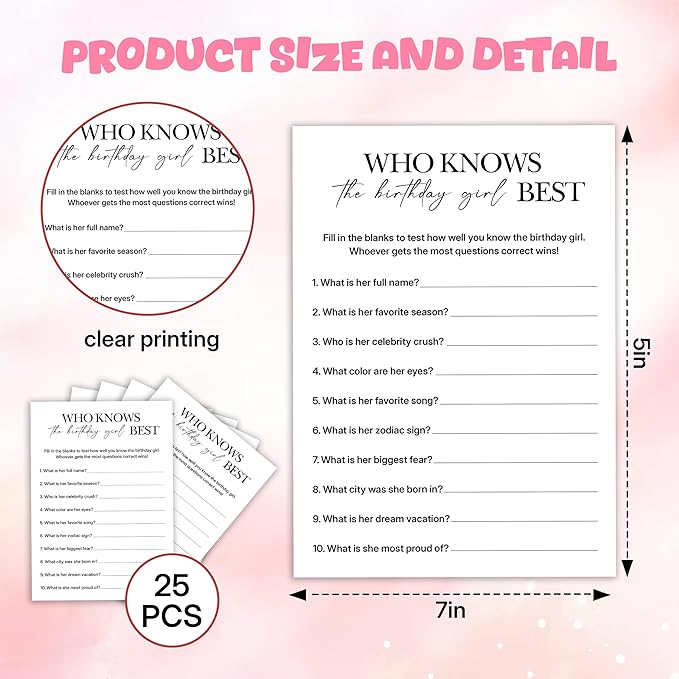 Birthday Party Games, Who Knows Her Best, 25 Pcs Card Set for Guests, Fun Birthday Game for Teen Adults – A05
