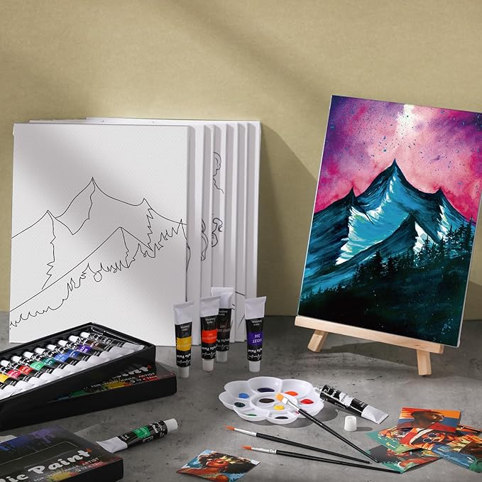 Cholemy 36 Pcs Paint and Sip Kit for Adults 8''x10'' Pre Drawn Canvas for Painting DIY Afro Acrylic Painting Kit Wood Easel Brushes Date Night Bulk for Christmas Party Gifts(Mountain)