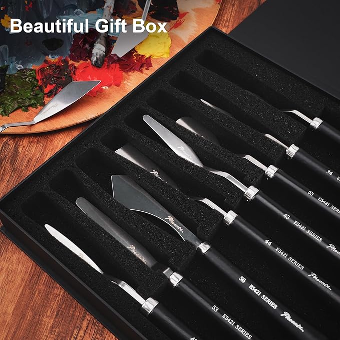 PHOENIX High Flexible Palette Knife Set, 8 Pieces Stainless Steel Painting Knives (31,33,34,42,43,44,46,51) Art Knife with Wood Handle, Paint Spatula for Oil Acrylic Paint