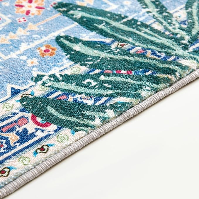 Washable Blue Rugs Thin Oriental Boho Vintage Tropical Leopard 5ft Round Area Rugs for Bedroom Kitchen Dining Living Room Office Distressed Jungle Plants Indoor Entryway Circle Carpet