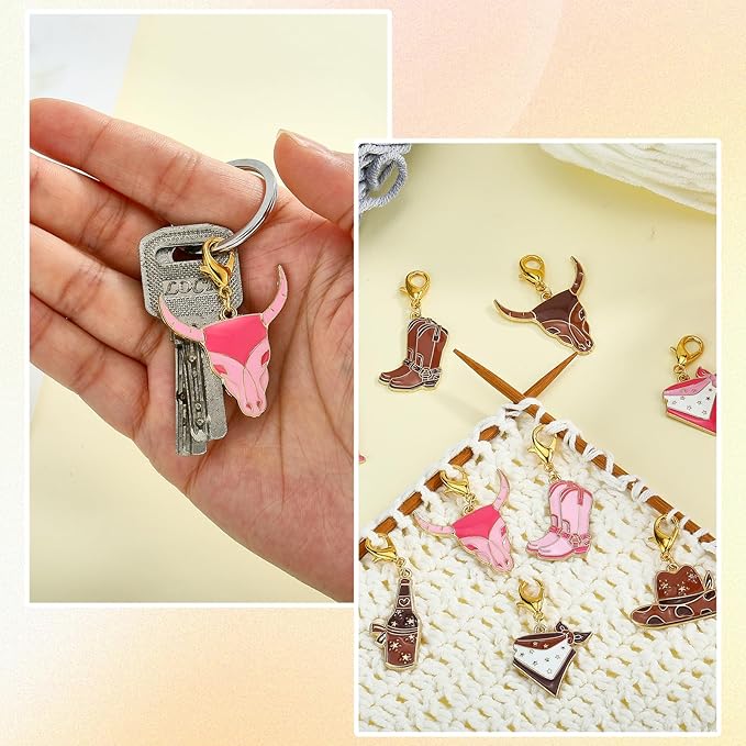 BEEFLYING 16Pcs Cowboy Stitch Marker Charms for Crocheting and Knitting, 8 Styles Brown Alloy Enemal Crochet Knit Stitch Marker Pendant with Leverback Clasp for Knitting Crocheting Accessories