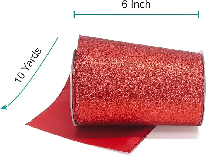 CT CRAFT LLC Glitter Wired Ribbon 6" x 10 Yards Red for Christmas Home Decor Bow Gift Wrapping DIY Crafts Wreath
