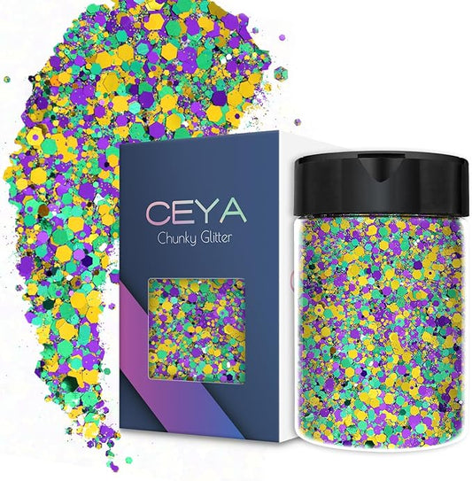 Ceya Chunky Glitter, 4.9oz/ 140g Mardi gras Craft Glitter Powder Mixed Fine Flakes Iridescent Nail Sequins for Halloween Pumpkin, Nail Art, Hair, Epoxy Resin, Tumblers, Slime, Painting, Festival Decor