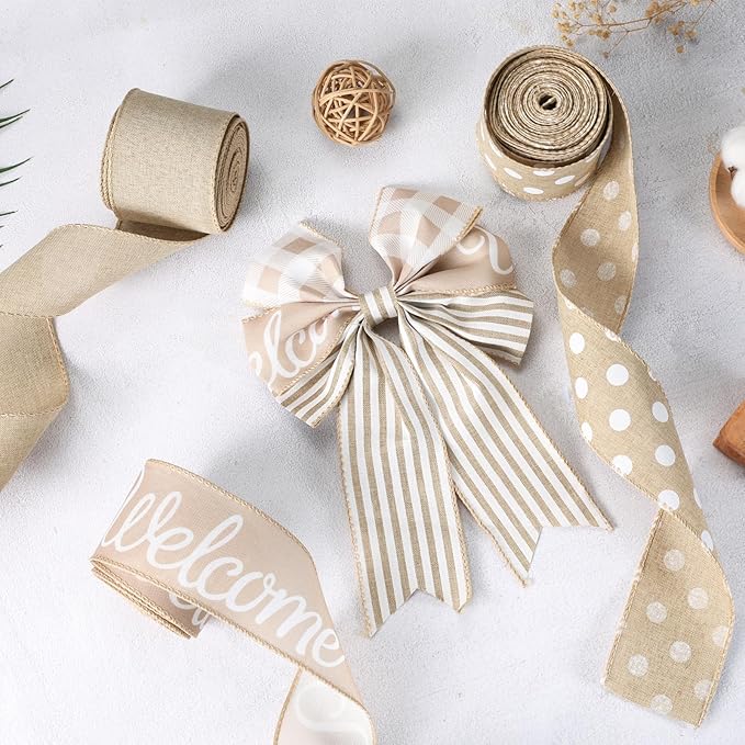 Burlap Ribbon Wired, Farmhouse Rustic White Dots Ribbon for Gifts Wrapping DIY Crafts Floral Bows Wreath Making Party Supplies Holiday Home Decoration, 2.5 Inch x 10 Yards