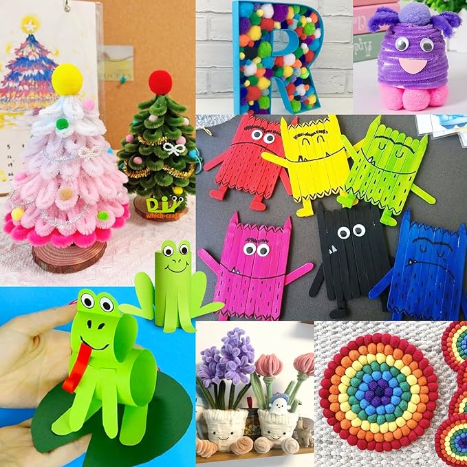 FUNZBO Arts and Crafts Supplies for Kids - Craft Kits with Pipe Cleaners, Popsicle Stickers, Construction Paper, Pom Poms & Googly Eyes, Birthday Gifts for Girls & Boys Age 4+