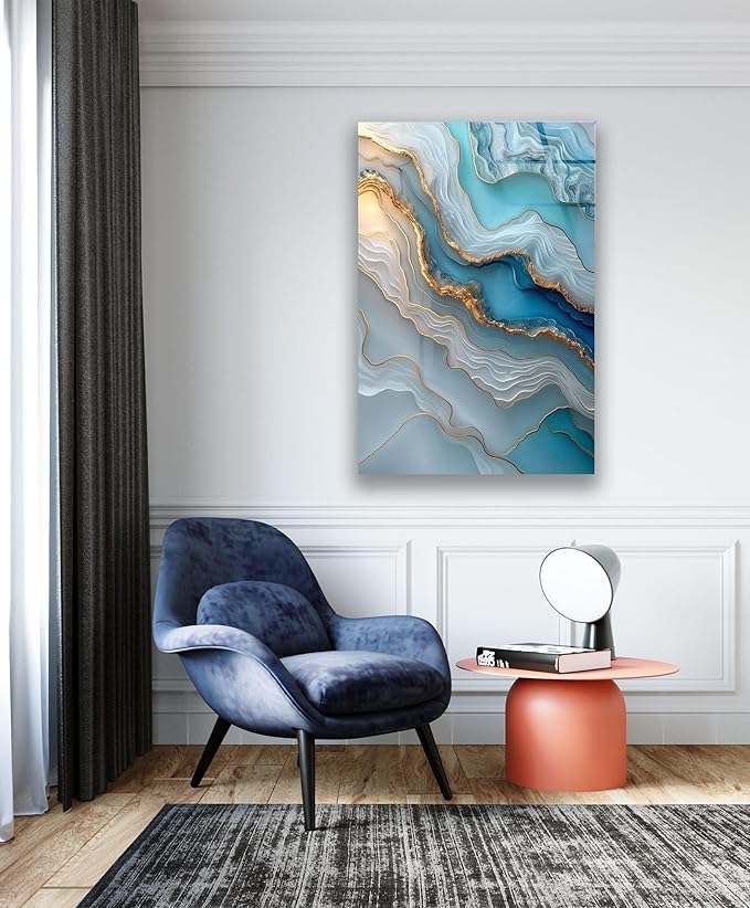 My Photostation.com 32Wx48H'' Turquoise and Blue Alcohol ink Glass Wall Art Tempered Glass Printing Wall Decor Large Wall Art Wall Hangings