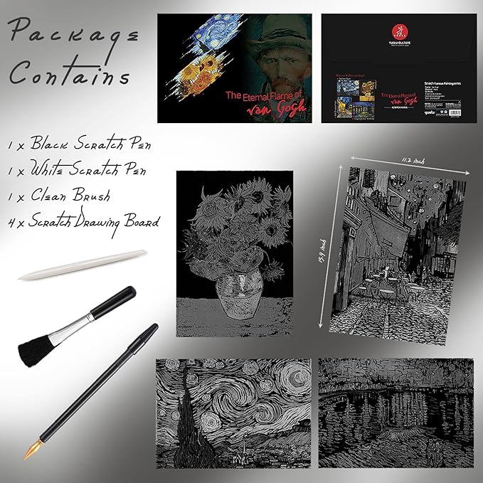 Scratch Art Painting 4 Pcs Vincent Van Gogh Scratch Rainbow Paper Set for Adults and Kids, DIY Sketch Card Engraving Craft Night View Scratchboard with 4 Tools - Cafe Terrace, Sunflowers, Starry Night