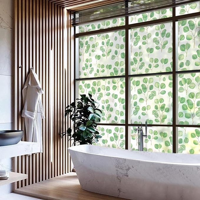 DKTIE Retro Leaves Pattern Two-Way Window Film Privacy Day and Night Window Privacy Film Decorative Stained Glass Window Clings for Birds (S222, 35.4" x 78.7")