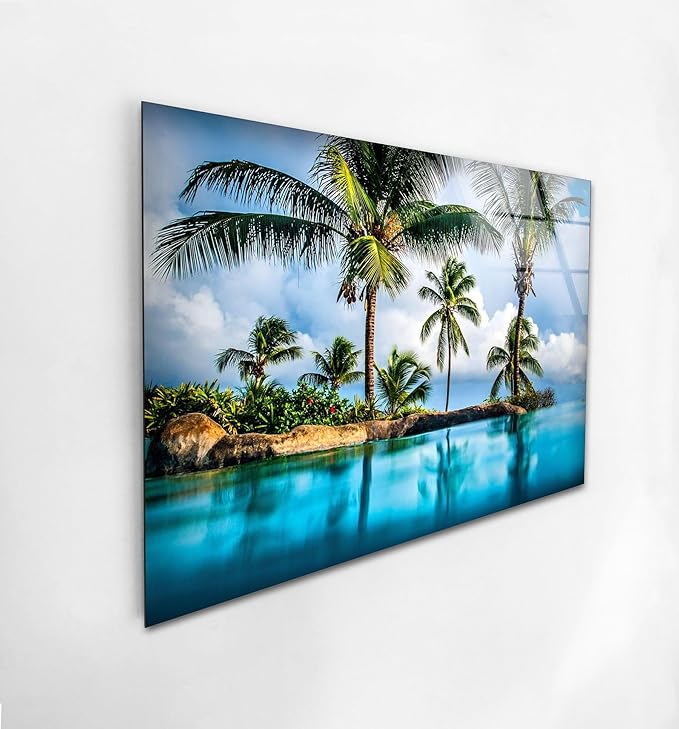 My Photostation.com 48Wx32H'' Island & Blue Sea Glass Wall ArtTempered Glass Printing Wall Decor Large Wall Art Wall Hangings