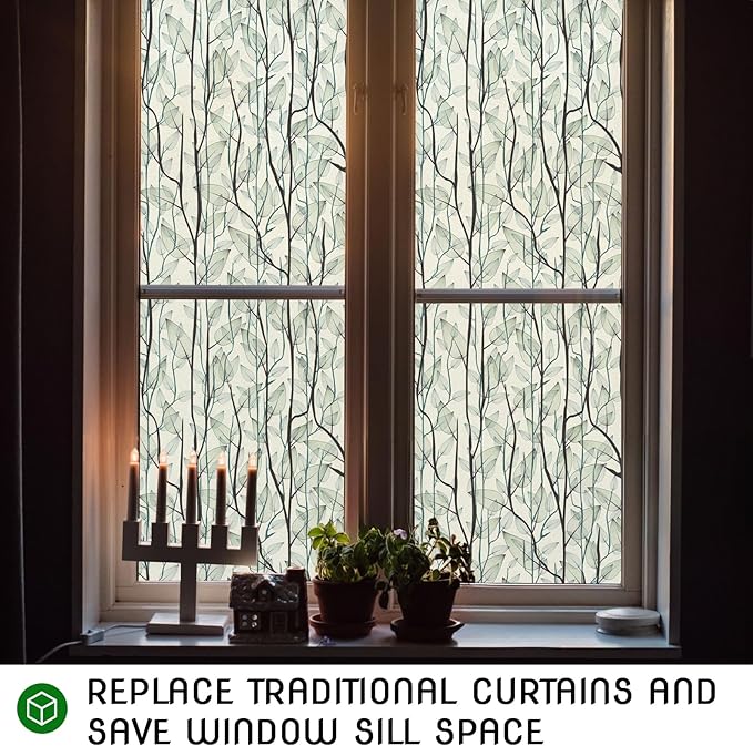 DKTIE Window Film Privacy with Installation Tools, Decorative Stained Glass Window Clings for Home, Static Cling Window Sticker for Front Door, Bathroom, Glass Door (Dark Green, 17.7'' x 118.1'')