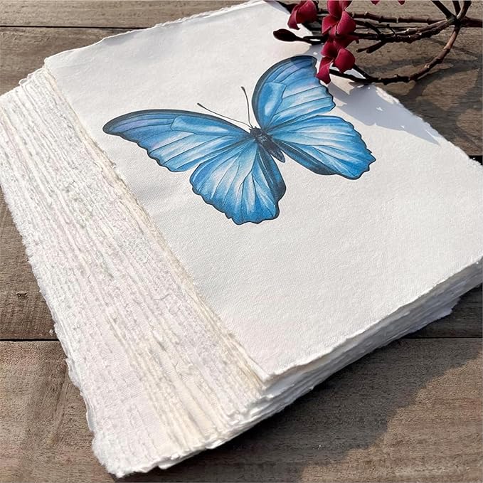 Wanderings Handmade A4 Cream Mixed Media Paper with Deckle Edge - 8.25x11.7-150 GSM - 50 Sheets Colored Cold Press Textured Paper Made with Recycled Cotton for Invitations Crafts Writers Watercolor