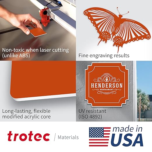 Trotec TroLase | 12"x24"x1/16", 4 Pcs | Orange/White | 2 Ply | Modified Acrylic | Laser Engraving Double Color Plastic Sheet | Engraving Blanks for Laser, Saw, Guillotine | Made in USA