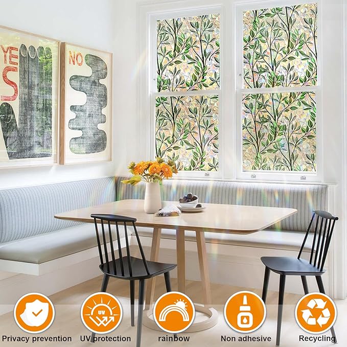Window Privacy Film Stain Glass Window Film Rainbow Window Film Window clings Non-Adhesive Reusable Decorative for Room (Leaf Rainbow, 45.2 x 157.4 in)