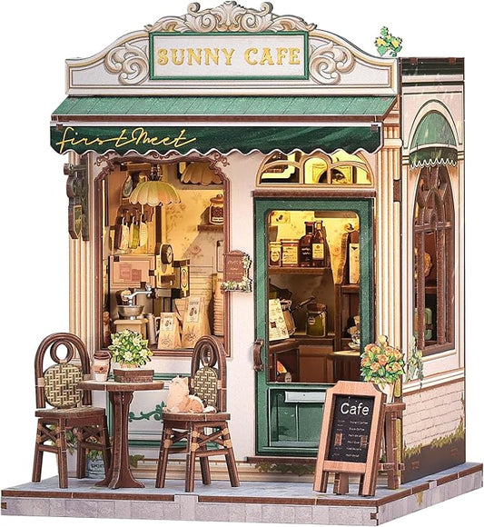 CUTEBEE Book Nook Kit - DIY Miniature House Dollhouse Kit for Adult and Teens, Booknook Bookshelf Decor Alley Model Build with LED Light, Gifts for Family and Friends (Sunny Cafe)
