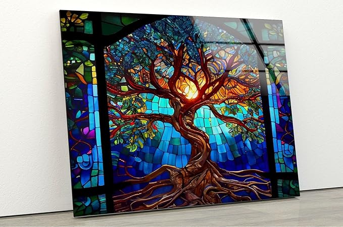 My Photostation.com 43Wx27H'' Stained Blue Life of Tree Glass Wall ArtTempered Glass Printing Wall Decor Large Wall Art Wall Hangings