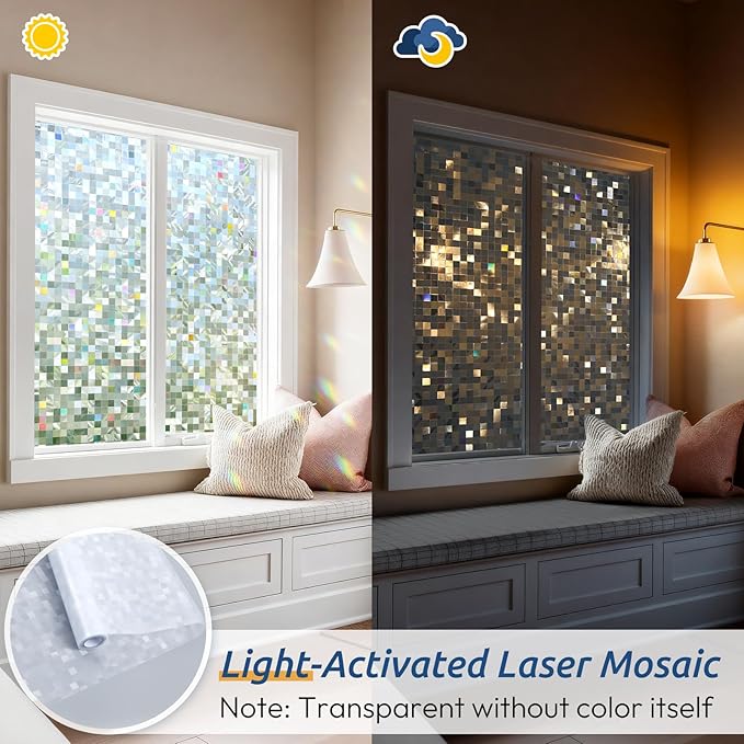 rabbitgoo Stained Glass Window Privacy Film Mosaic Pattern, Frosted Glass Window Film Rainbow Decorative Sticker, Static Cling UV Blocking Suncatcher for Home, 17.5 x 78.7 Inches