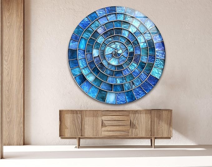 My Photostation.com 27.5''(70cm) Diameter Blue Aqua Spiral Harmony Round Glass Wall Art Tempered Glass Printing Wall Decor Large Wall Art Wall Hangings