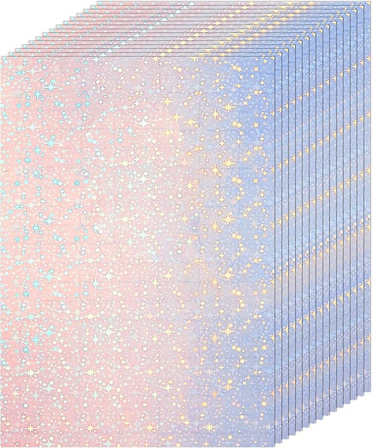 36 Sheets Holographic Sticker Paper Clear A4 Vinyl Sticker Paper Self Adhesive Waterproof Transparent Film Gem Rainbow Star Patterns, 11.7 x 8.3 Inch (Star)