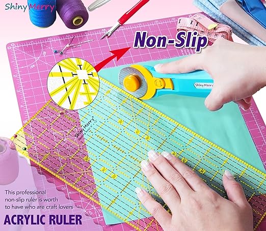 Quilting Ruler 6"x24",Non-Slip Clear Acrylic Sewing Ruler with Easy-to-Read Grid,Pink & Black Grid Design,Perfect for Fabric,Patchwork,Cutting & Sewing Crafts,Durable Tool for Quilting