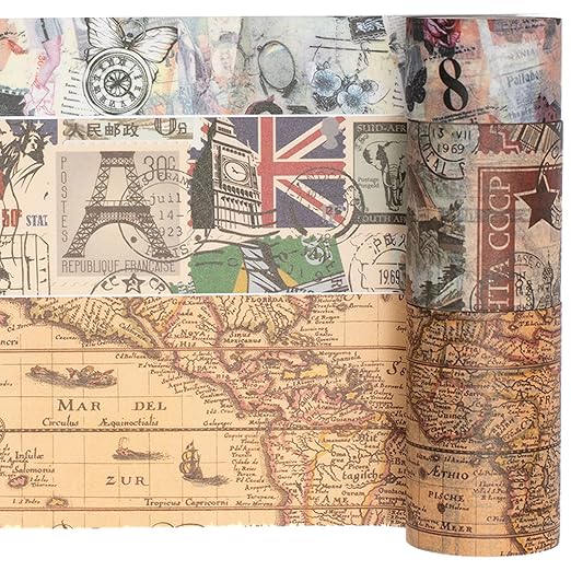 YUBX Vintage Washi Tape Set 10 Rolls Wide Decorative Antique Map Stamp Newspaper Masking Tapes for Arts, DIY Crafts, Journals, Planners, Scrapbook, Wrapping 9/16'', 13/16'', 1'', 1 3/4'', 2 3/8''