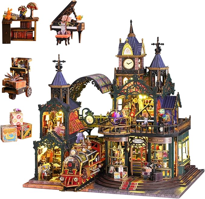 Miniature House Kit, Miniature Kit with Steam Train, Dollhouse Kit for Adults Teen, Mini House Building Kit for Birthday, Rail-Track Secluded City