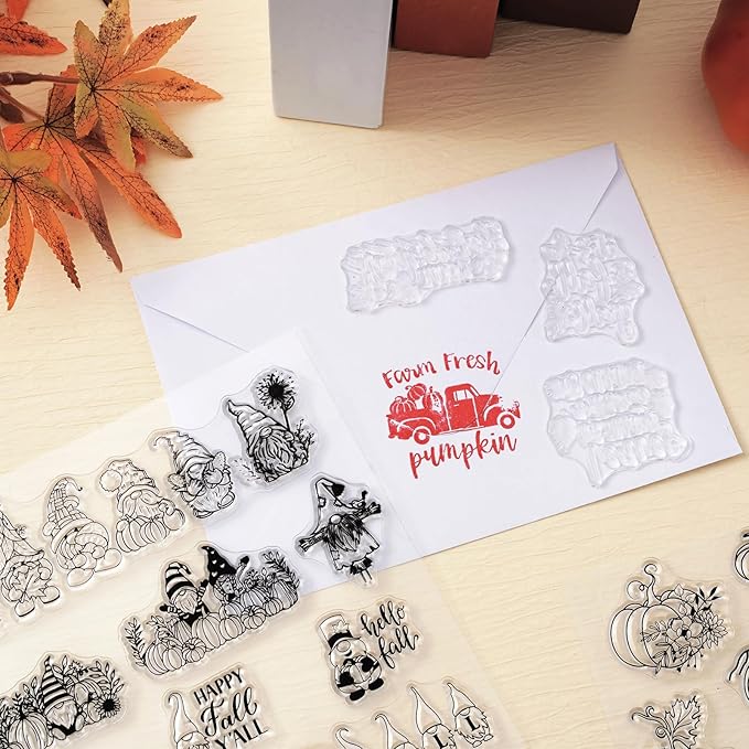Whaline 5 Sheet Fall Thanksgiving Clear Stamps Autumn Leaves Pumpkin Gnome Silicone Transparent Stamps Happy Fall Border Stamp Cards for DIY Craft Card Making Scrapbooking Embossing Album Decor