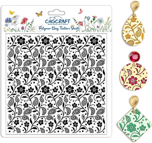 CHGCRAFT Paisley Pattern Polymer Clay Texture Sheet Vines Vintage Flowers Silicone Texture Mat for Polymer Clay Making Earrings Jewelry DIY Crafts 5.5 × 5.5 Inch