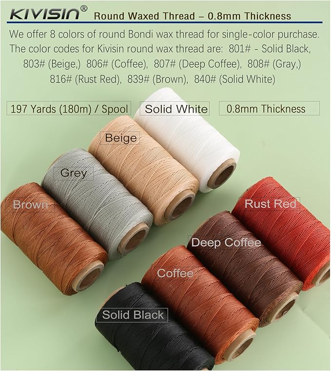 Bonded 0.8mm Round Waxed Polyester Cord, 3-ply Wax Coated Thread, 197 Yards Stiff String for Heavy Duty Fabric, Leather Sewing, Book Binding, Upholstery Repair, and Macrame Jewelry - Gray