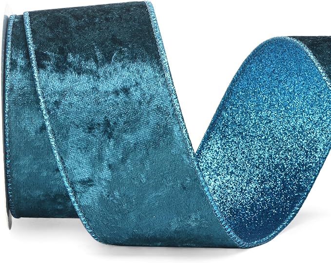 Ribbli Turquoise Blue Velvet Wired Ribbon 2.5 Inch Teal Velvet with Turquoise Blue Glitter Christmas Ribbon for Christmas Tree Decoration Big Bow Gift Wrapping Crafts Wreaths Supplies- 10 Yards