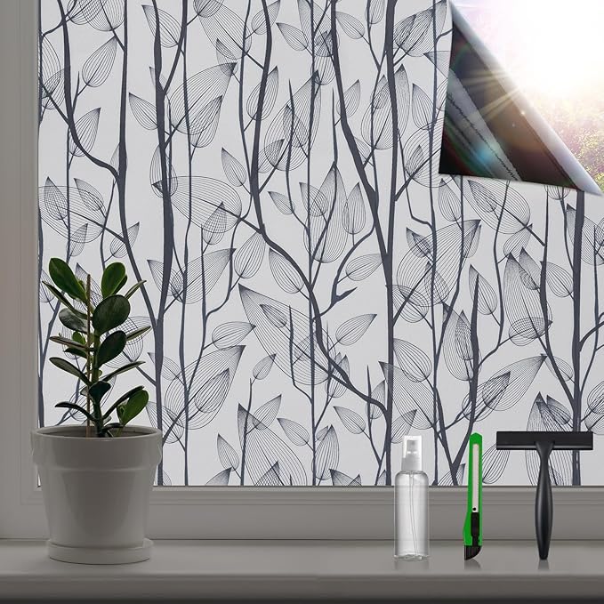 Leaf Pattern Window Tint with Installation Tools, Blackout Window Cover, Sun Blocking Window Tint for Home (Full Blackout Opaque, 17.7'' x 118.1'')