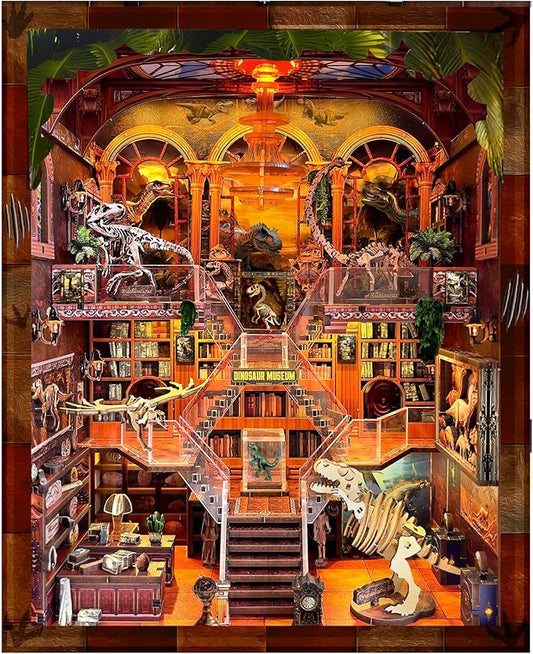 Book Nook Kit for Adults - DIY Dinosaur Museum Booknook, 3D Wooden Dollhouse Puzzle with LED Lights, Miniature Bookshelf Decor for Home Libraries
