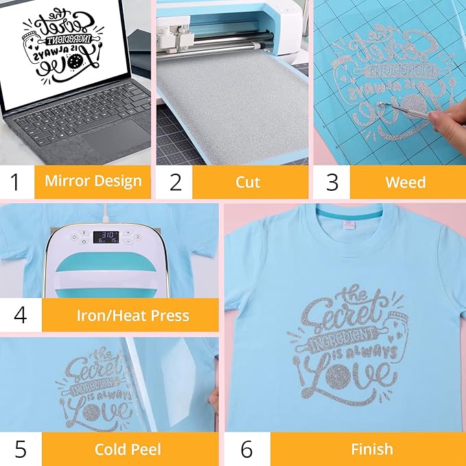 HTVRONT Silver Glitter Heat Transfer Vinyl - 10" x 5FT Silver Glitter HTV Vinyl for T-Shirts, Hats, Shoes & Bags