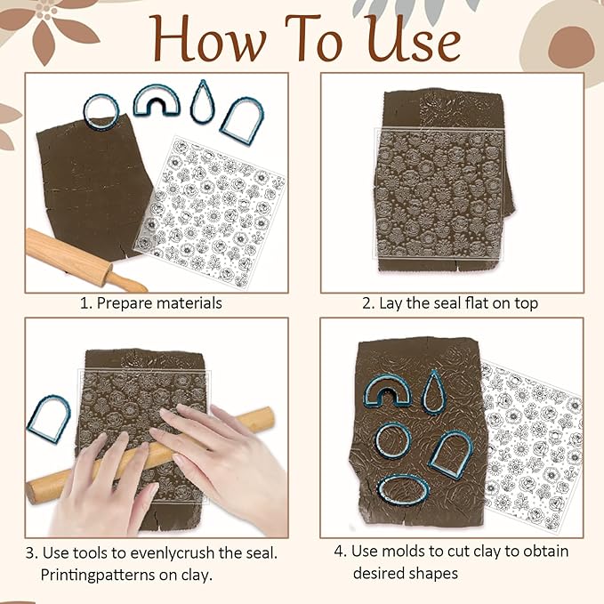 CHGCRAFT 4 Sheets 4 Styles Wildflowers Polymer Clay Texture Sheets Bushes Silicone Texture Stamp Hummingbirds Modeling Pattern Pad Texture Sheets for Making Earrings Jewerly, 5.5x5.5 inch