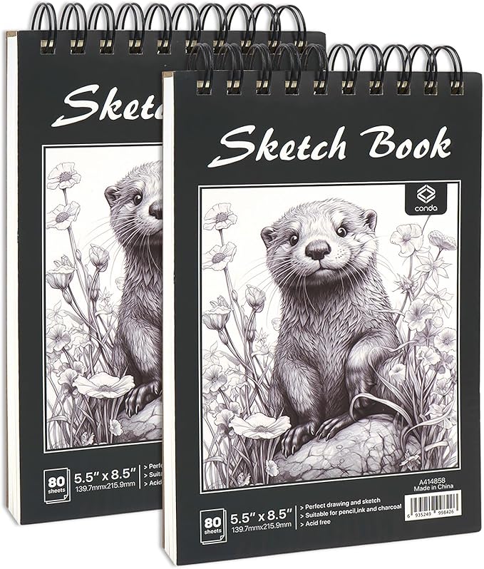 CONDA 5.5 x 8.5 Sketchbook Book - Top Spiral Bound Pad, 2 Packs of 100-Sheets (68lb/100gsm) Acid Free Artistic Paper for Drawing, Painting, Writing - Ideal for Beginners Artists