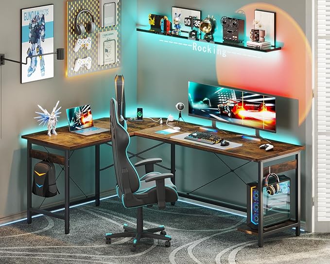 Coleshome 66" L Shaped Gaming Desk with Outlet, L Shaped Desk with CPU Stand, Corner Computer Desk, Home Office Desk, Writing Desk, Vintage