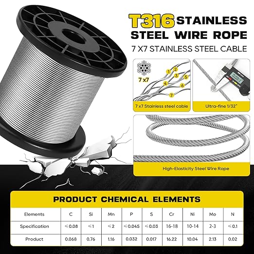 316 Stainless Steel Cable, 1000FT 1/32IN Wire Rope 7 * 7 Strand with 250Pcs Aluminum Sleeves Stops, Guide Wire for Outdoor String Lights for String Lights Hanging, Clotheslines, Trellis (1000FT)