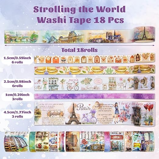 MPOPUUL Washi Tape Set 18 Rolls - European Tourism Decorative Adhesive Masking Tape for Journaling, Vintage Colored Tape for Junk Journaling Supplies, Scrapbooking Supplies, DIY Crafts, Planner
