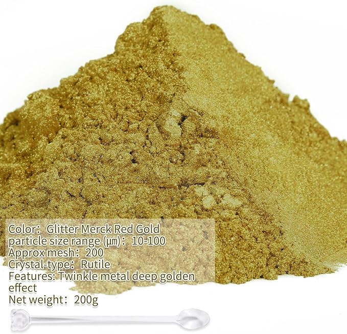 Mica Powder,7.05OZ（200g）,Glitter Merck Red Gold Mica Powder Pigment for Epoxy Resin，Lip Gloss，Car Paint，Dye，Soap Making，Nail Polish,Epoxy Resin,Candle Making,Bath Bombs