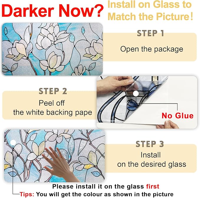 3D Stained Glass Window Privacy Film, Heat Control UV Blocking Static Cling Decorative Window Film for Bathroom,Front Door,Home Non Adhesive,23.6 x 39.3 inches Magnolia