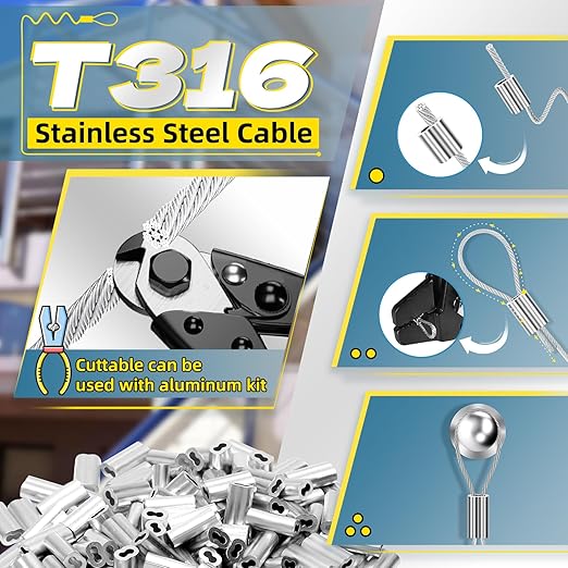 316 Stainless Steel Cable, 400FT 1/32IN Wire Rope with 100Pcs Aluminum Sleeves Stops, for String Lights Hanging, Clotheslines, Trellis Wire