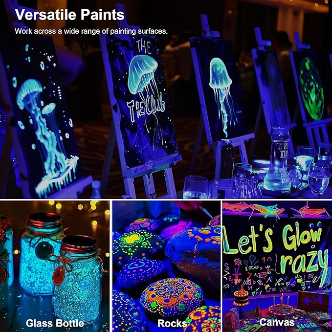 AUREUO Glow in the Dark Acrylic Paint, 8 Colors x 2 Fl Oz / 60ml Neon UV Black Light Paints for Halloween, Rocks, Wood, Craft, Canvas, Paint Party Supplies