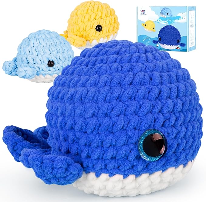Crochet Kit for Beginner, Upgraded Easy Yarn Crochet Starter Kit w Step-by-Step Video Tutorials, Beginner Crochet Kit for Adults & Kids, Men & Women, Complete Kit Included, 3Pack Whale Family