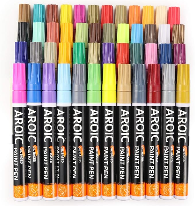 AROIC 48 Pack Oil-Based Paint Markers Medium Tip - Low Odor Rock Painting Pens for Wood, Metal, Plastic, Glass, Canvas, Ceramic Surfaces | 2025 Artist Professional Kit