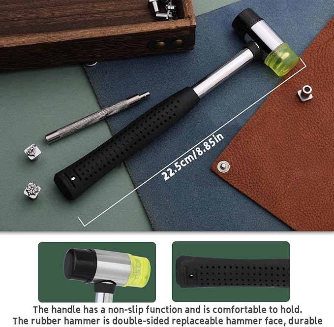 Leather Craft Stamping Tools, Leather Stamping Kit with 12 Tangcao Patterns Stamp and Punch Tools and 25mm Hammer and 3 thimbles for Craft Stamps