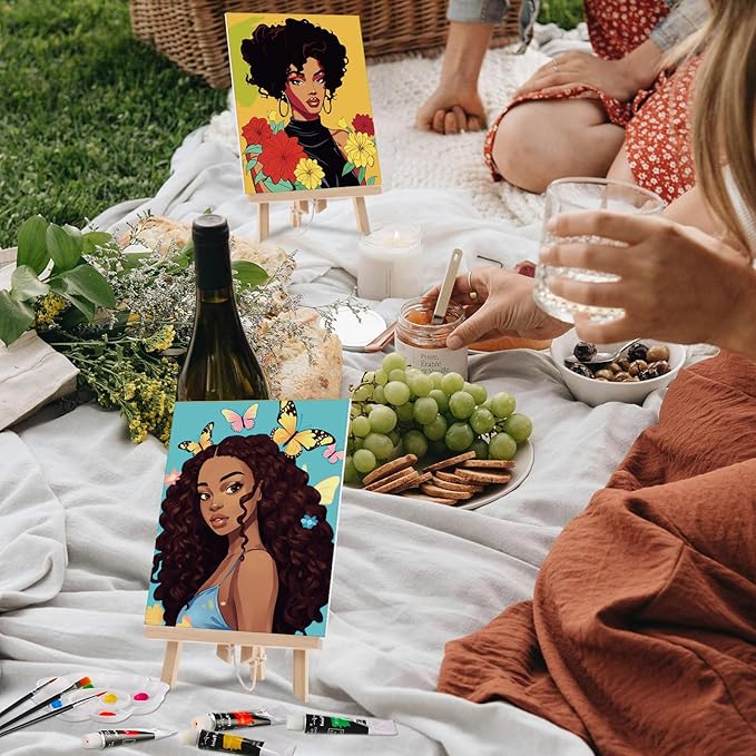 Cholemy 36 Pcs Paint and Sip Kit for Adults 8''x10'' Pre Drawn Canvas for Painting DIY Afro Acrylic Painting Kit Wood Easel Brushes Date Night Bulk for Christmas Party Gifts(Flowers Woman)