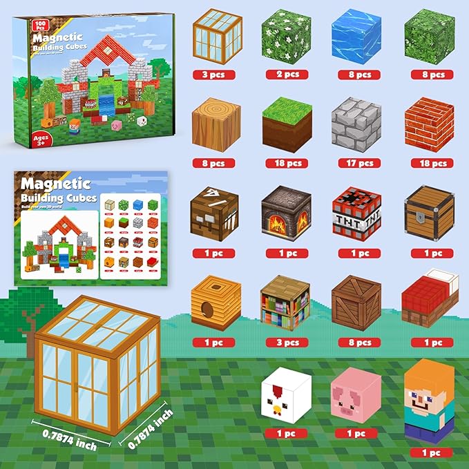 Magnetic Blocks - 100PCS Magnetic Building Blocks Cubes, Magnet Toys for Kids Age 3+, Toy Building Set for Kids, Magnets Stacking Construction Toys Birthday Gifts for Boys Girls Age 4-8, 8-12