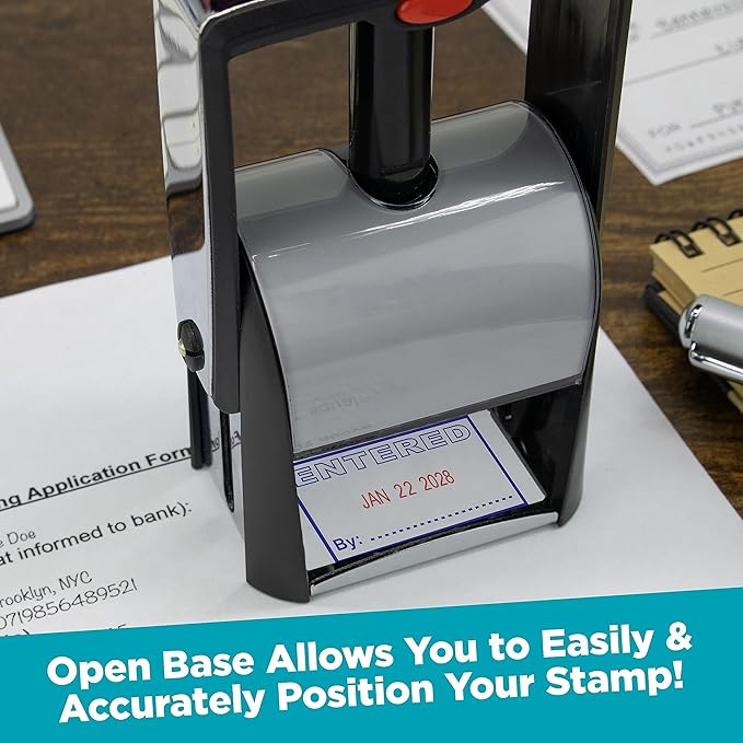 MaxMark Heavy Duty Self Inking Date Stamp with Phrase Entered - 2 Color Blue/Red Ink